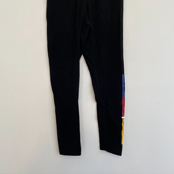CHAMPION Solid Black Blue Red Yellow Detail White Spellout Logo Cropped Leggings - Picture 3 of 9
